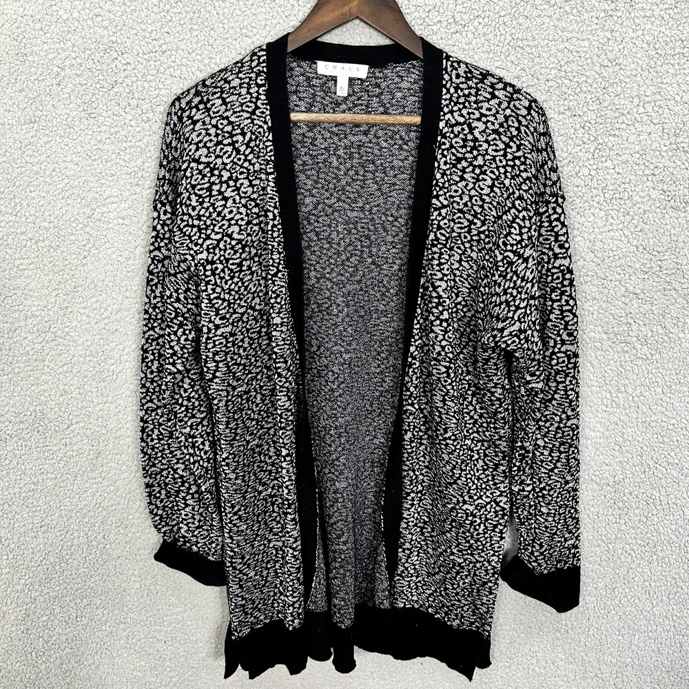 Chaus Cardigan Sweater Womens XL Black Silver Metallic Leopard Print Longline